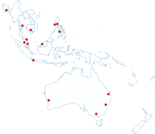 Map of Southeast Asia & Oceania showing UArizona locations