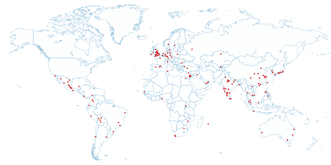 World map with dots for each global location